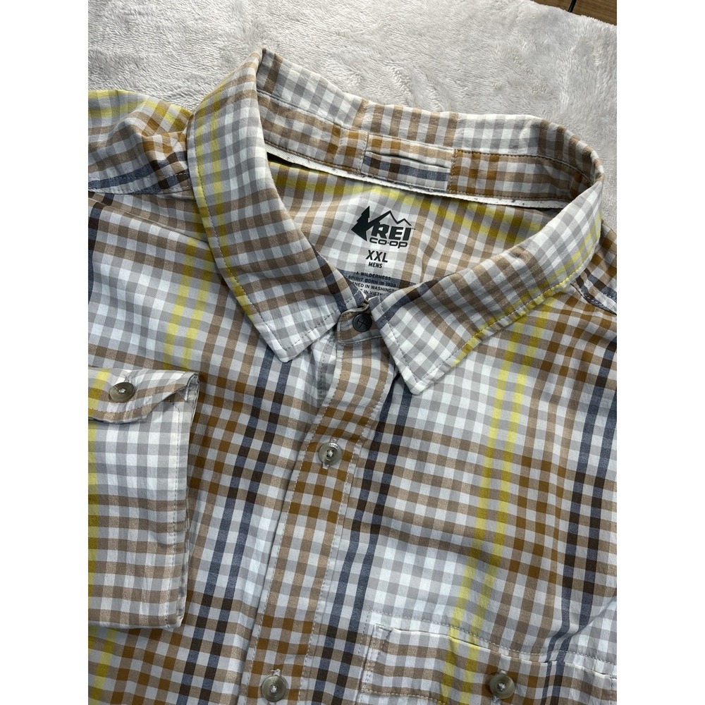 REI Co-op Wanaka Woven Shirt Brown Gray Yellow Check Nylon Tencel Stretch 2XL